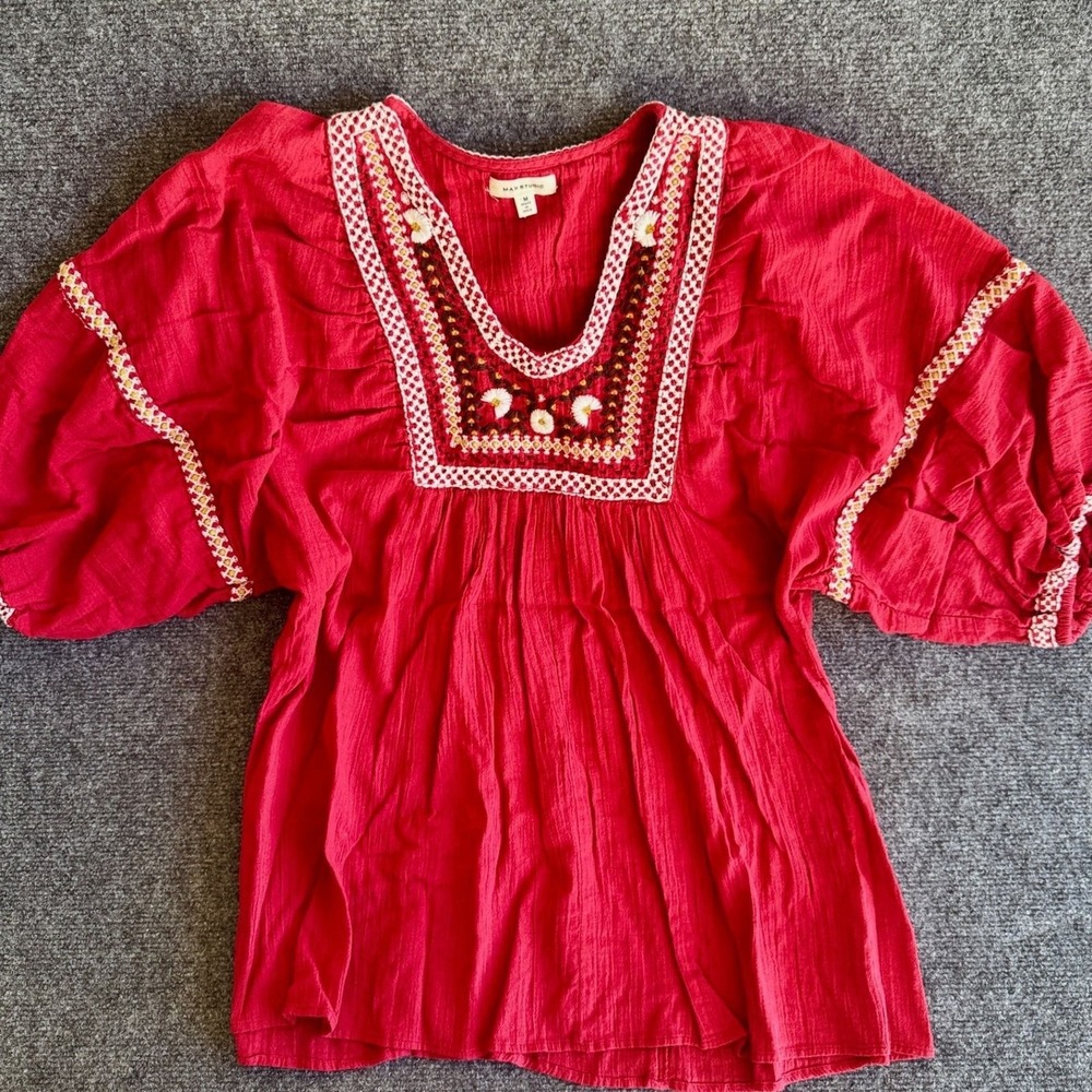 Max Studio Blouse Red Embroidered Cotton Boho Peasant Cottagecore M